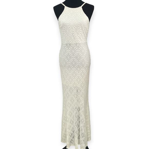 CQ by CQ | M | Ivory Diamond Lace Maxi Long High Neck Dress Halfway Lined Sheer - Picture 1 of 7